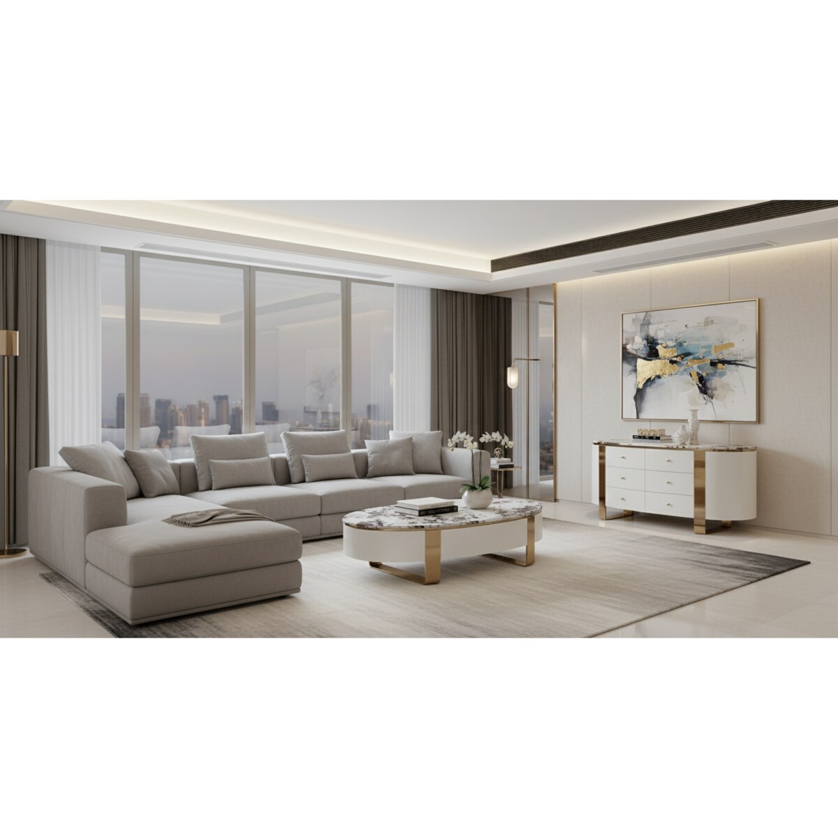 Komoda biała Sofia na złotych nogach z kamiennym blatem 140x40x85