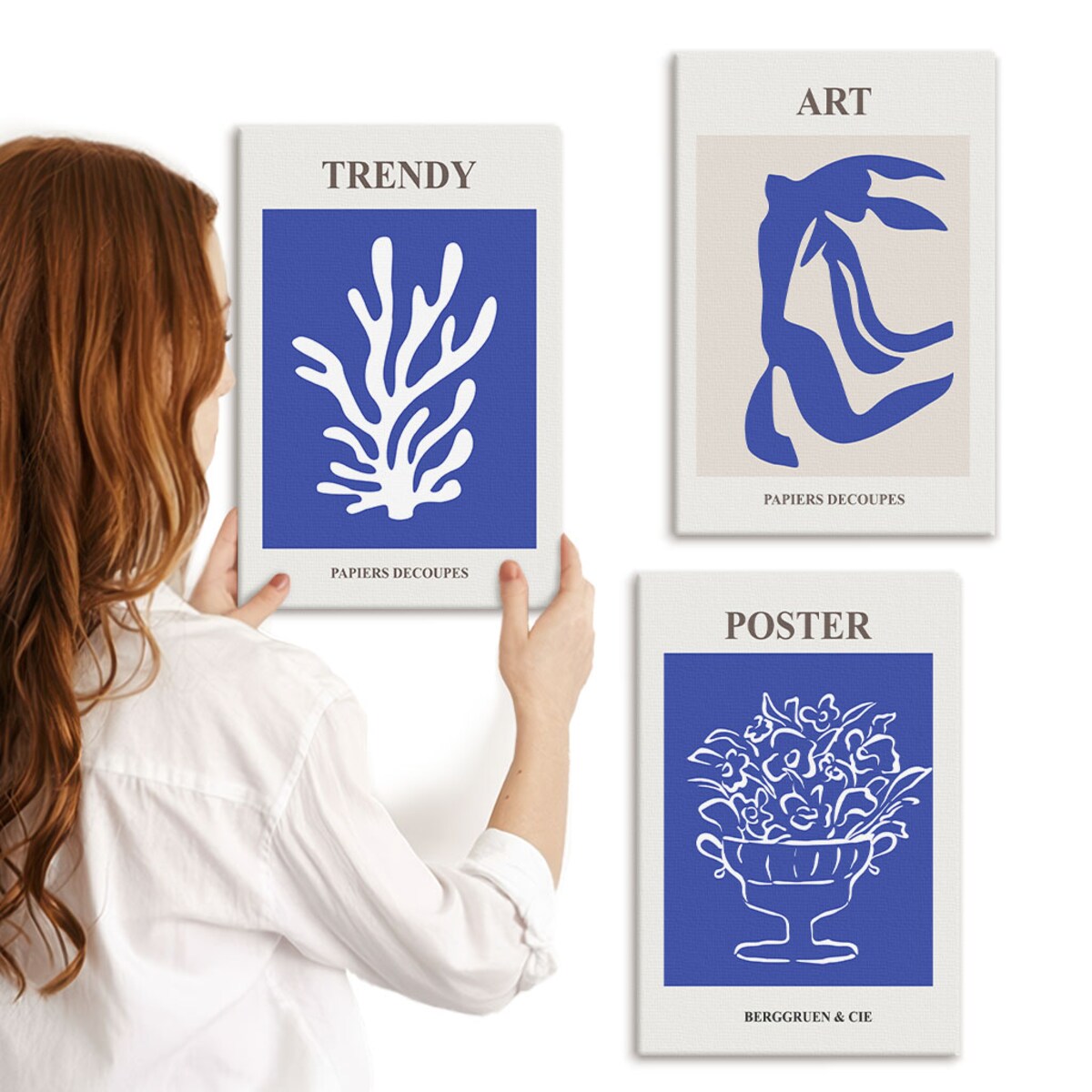 Zestaw 3 małych obrazów na płótnie - Abstrakcyjne plakaty Matisse boho - niebieski