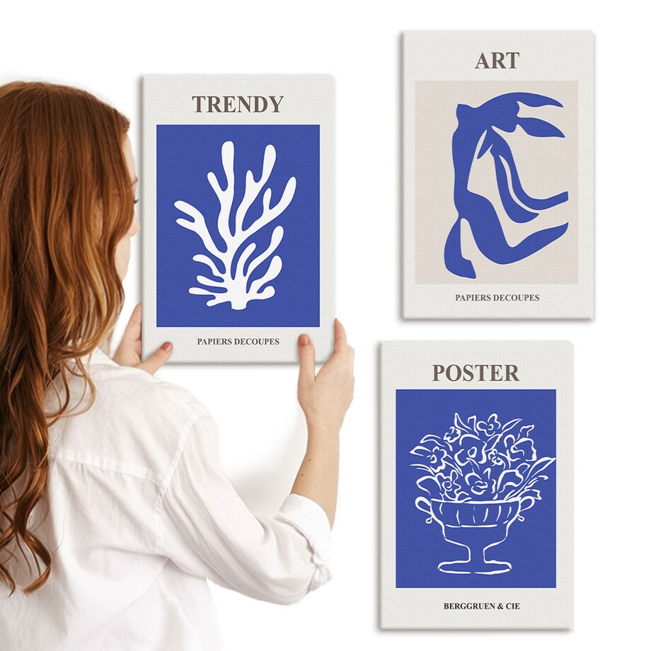 Zestaw 3 małych obrazów na płótnie - Abstrakcyjne plakaty Matisse boho - niebieski