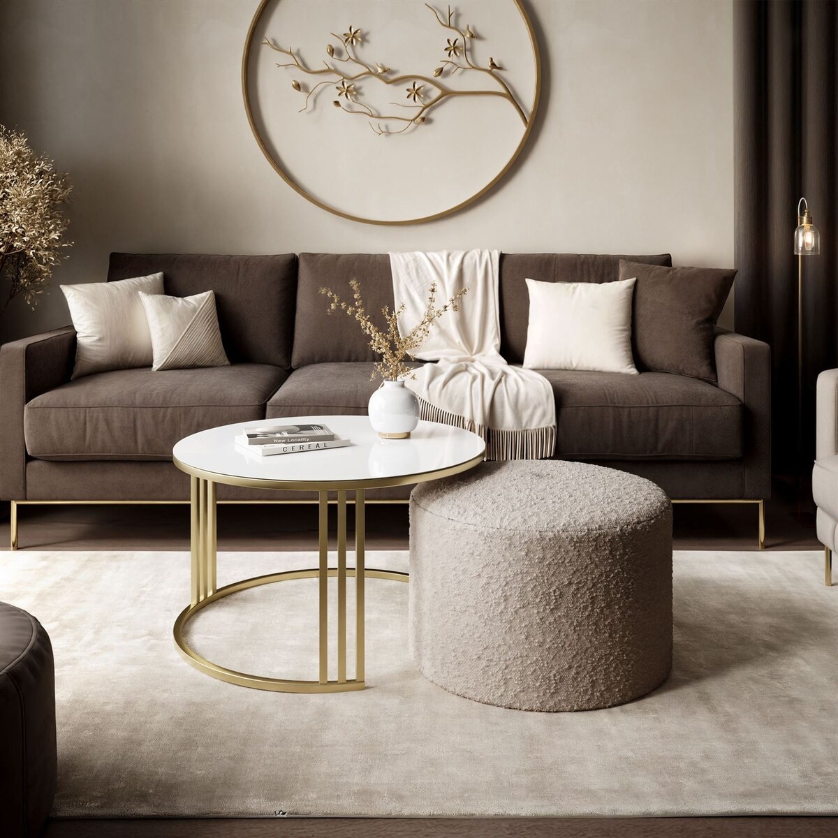 Stolik kawowy z pufą LORI GLASS złoto szczotkowane, białe szkło / Coral 50