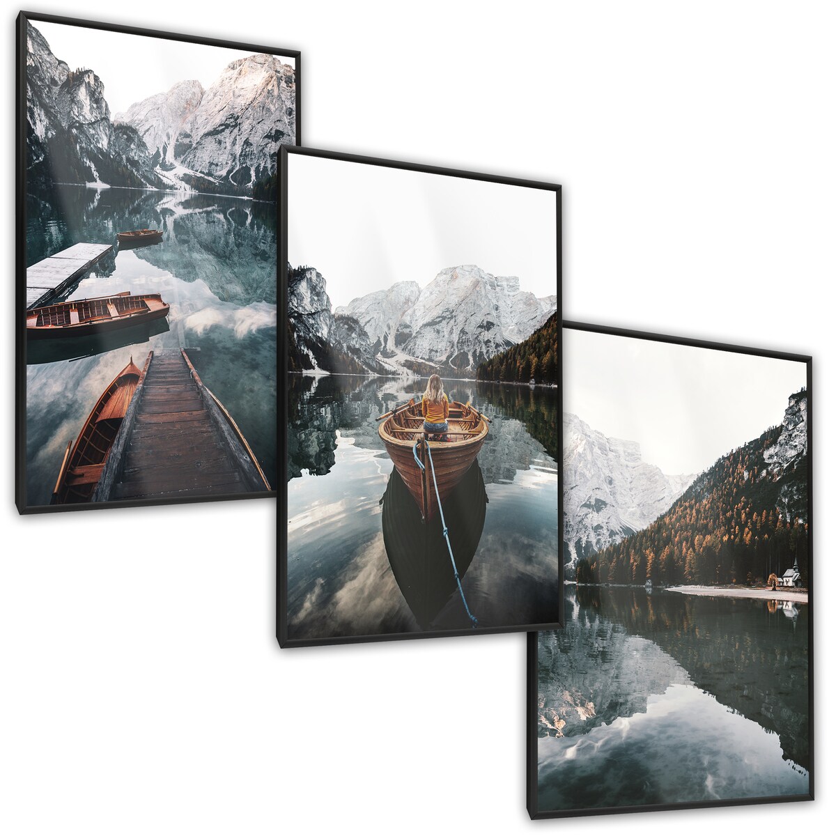 ZESTAW 3x Plakat W Ramie Łodzie GÓRY Las Krajobrazy Efekt 3D 30x40cm