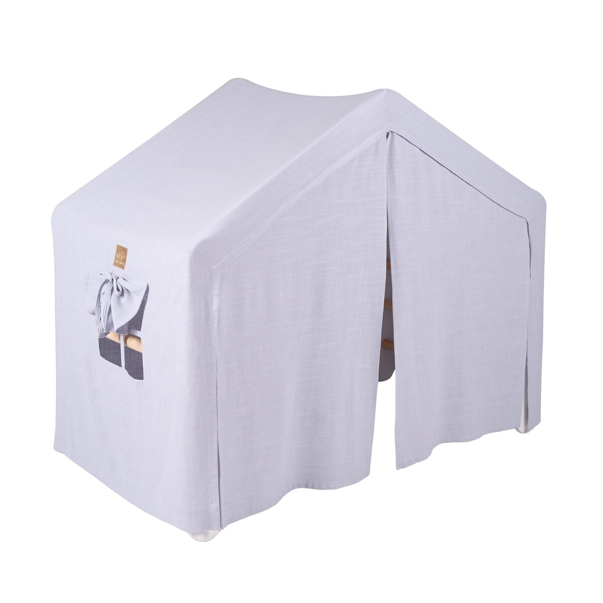 Duży Domek z Drabinką dla Dzieci 112x61x94cm, Drewno, Len, Wiskoza, Szaroniebieski Domek, Biała Drabinka