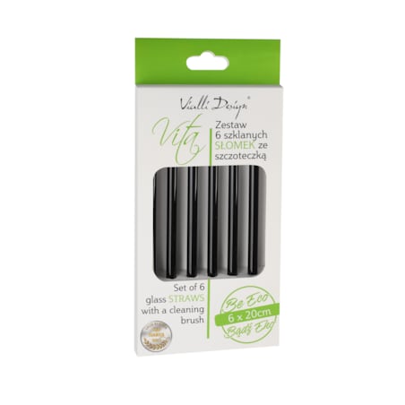 Słomki szklane czarne 20cm zestaw 6 sztuk ze szczoteczką 26599