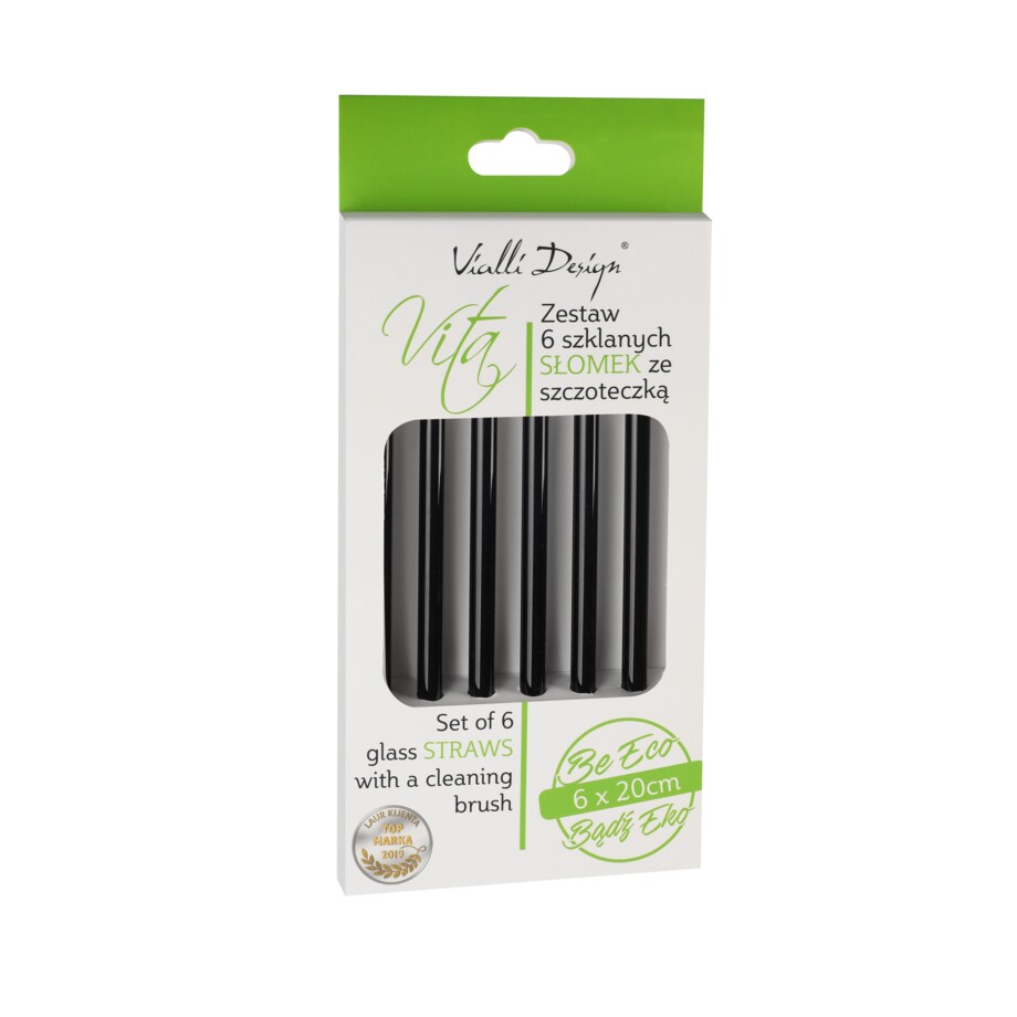 Słomki szklane czarne 20cm zestaw 6 sztuk ze szczoteczką 26599
