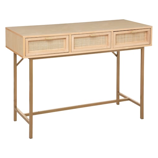 Wąska konsola boho RAYO z 3 szufladami i plecionką wiedeńską