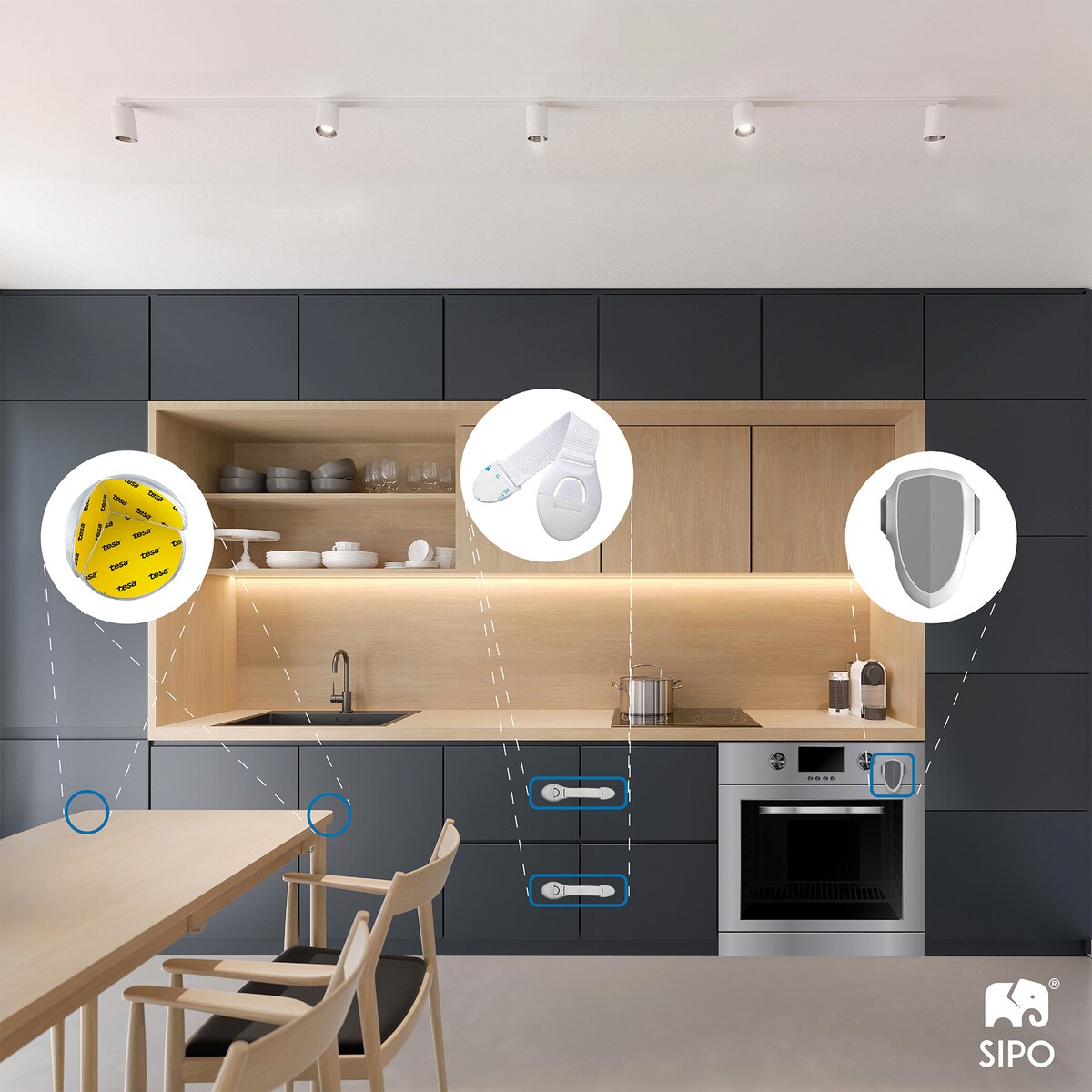 zabezpieczenia szaf i szuflad z paskiem elastycznym na zatrzask, sipo, zestaw 10 sztuk