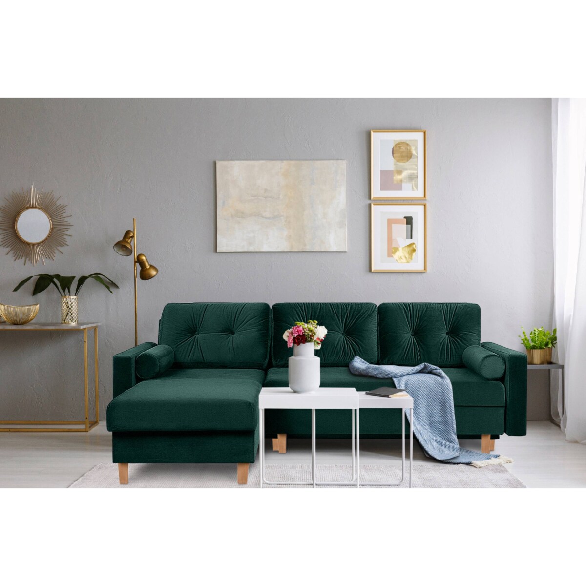 KONSIMO ERISO Narożnik welurowy w kolorze butelkowej zieleni do salonu