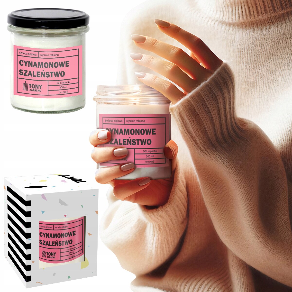 Świeca sojowa naturalna zapachowa CYNAMONOWE SZALEŃSTWO - najlepsza aromatyczna bezpieczna ręcznie robiona w szklanym słoiczku 300ml 50h palenia na prezent upominek