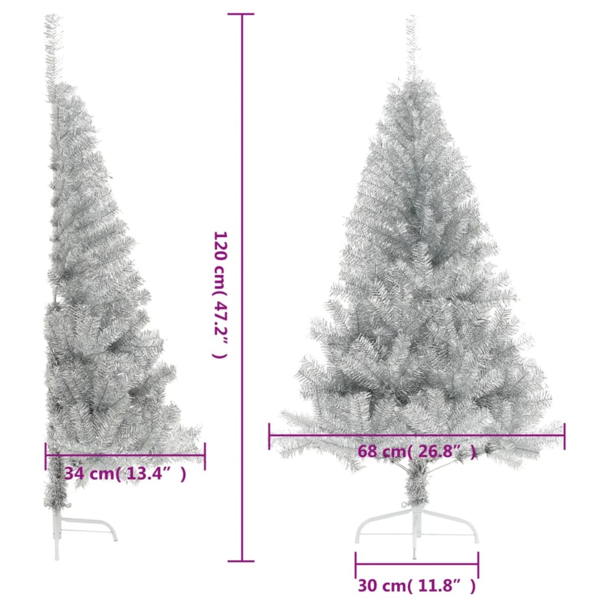 vidaXL Sztuczna choinka połówka ze stojakiem, srebrna, 120 cm, PET