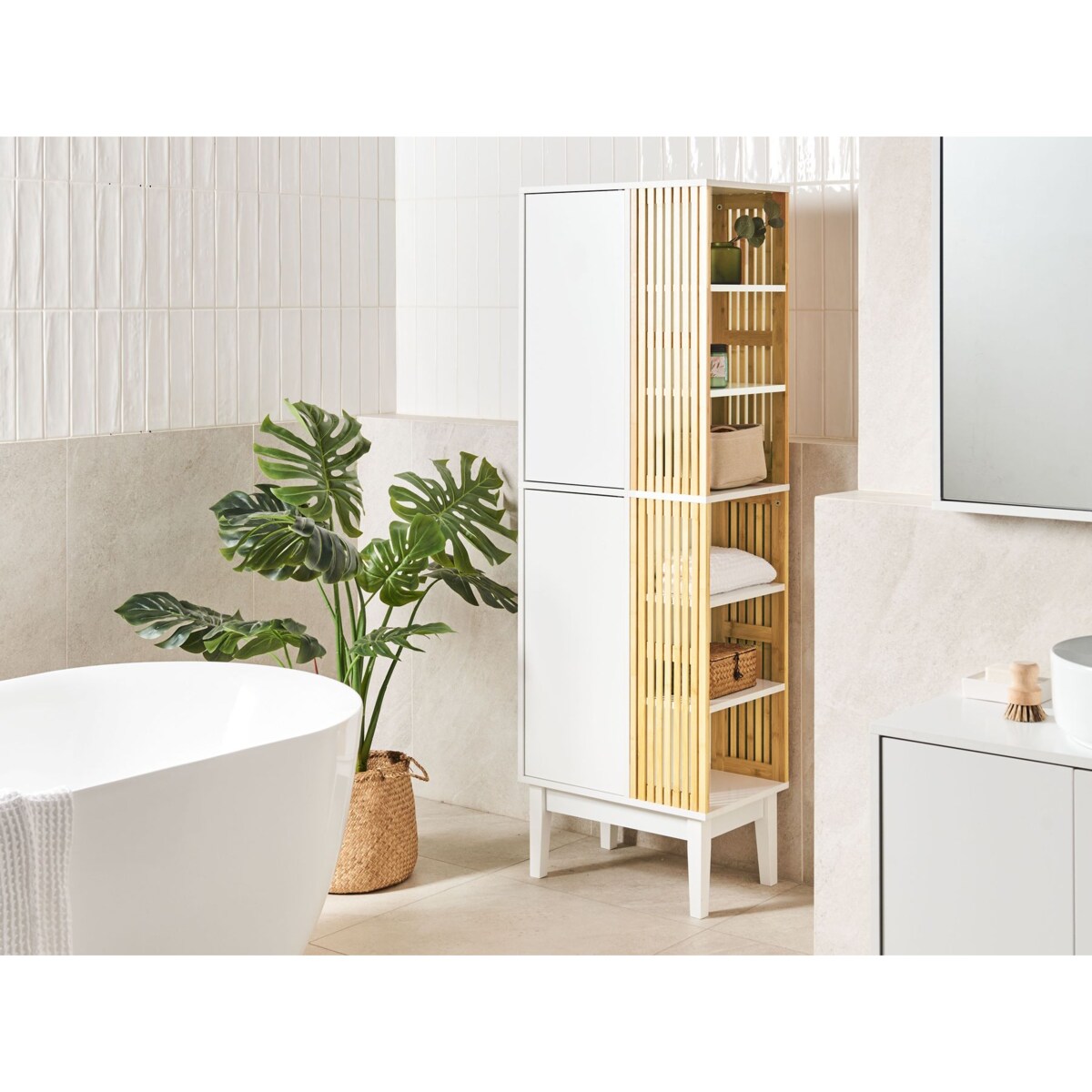 Szafka łazienkowa jasne drewno z białym NUBES