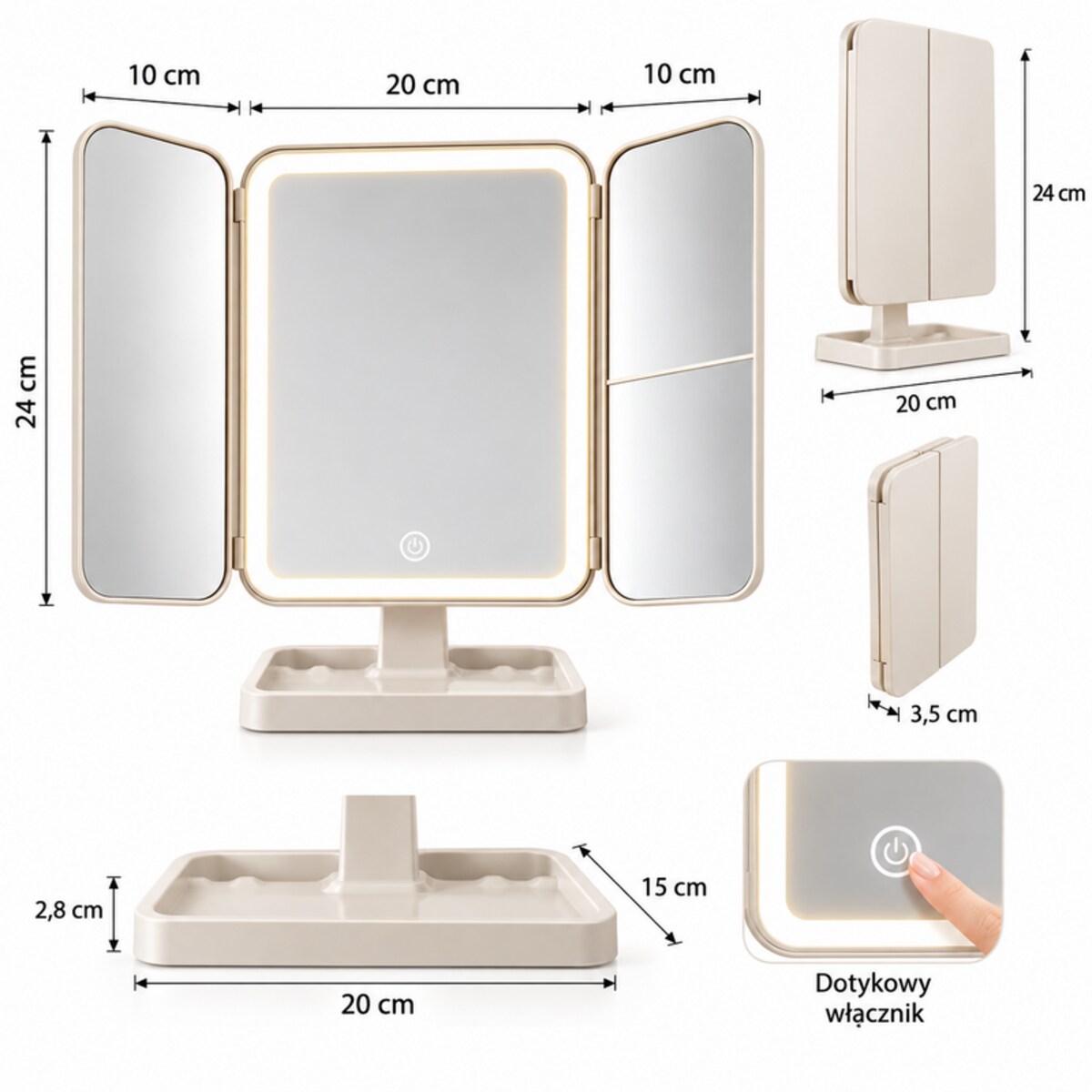 Lusterko kosmetyczne SHP MAGICO LED bezprzewodowe składane 3 tryby