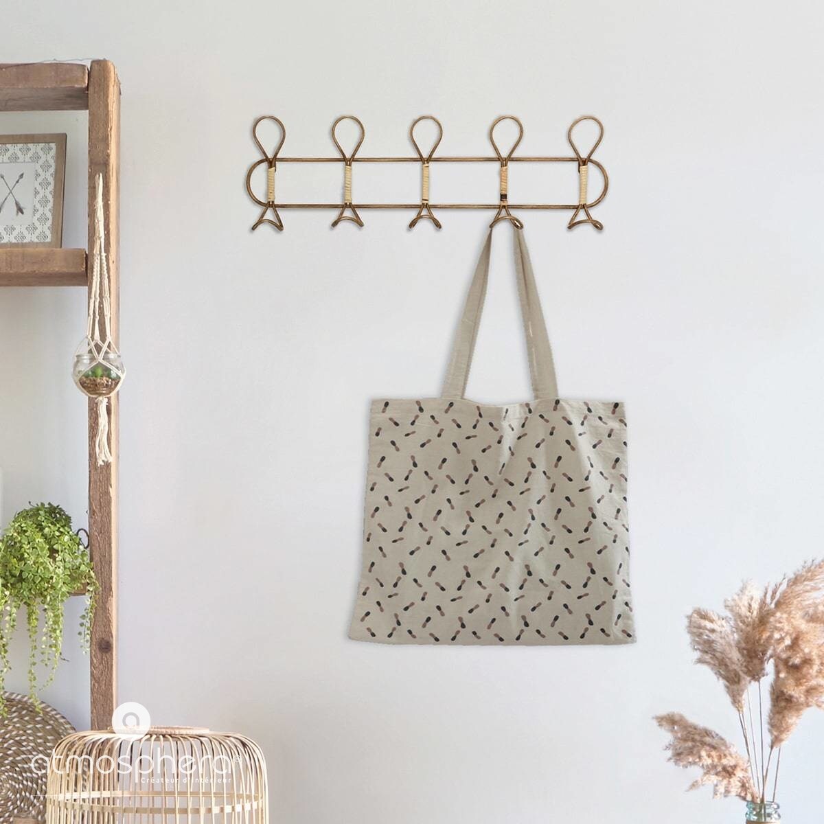 Wieszak na ścianę z rattanu, 5 haczyków