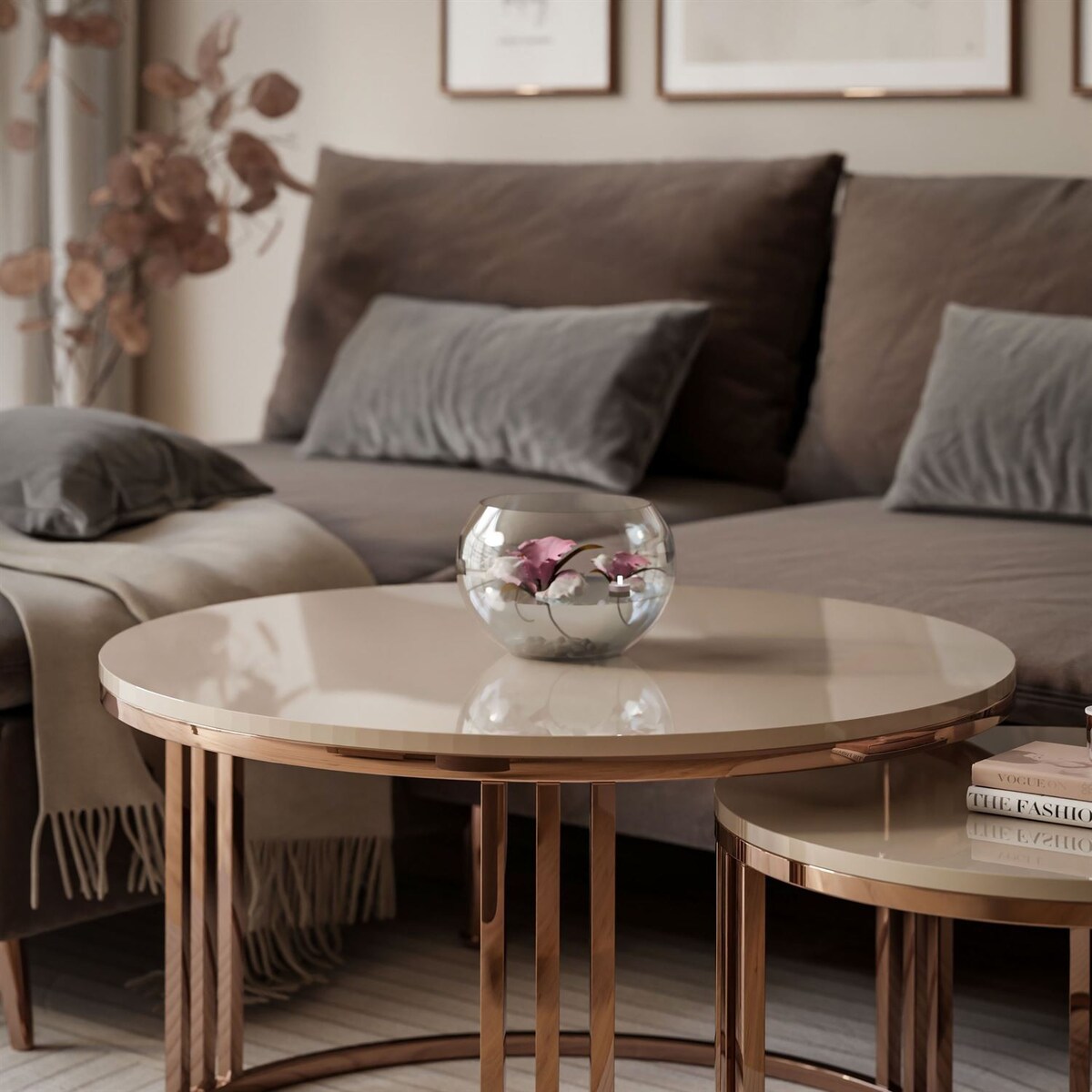 Zestaw stolików kawowych LORI 2w1 połysk, miedziana podstawa, kaszmir połysk