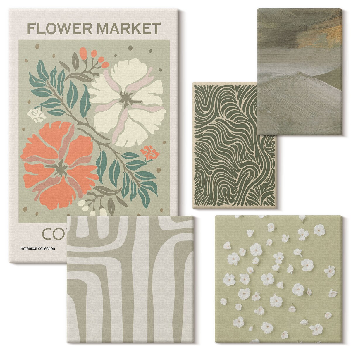 Zestaw 5 obrazów na płótnie - Roślinne motywy boho wzory - zielony