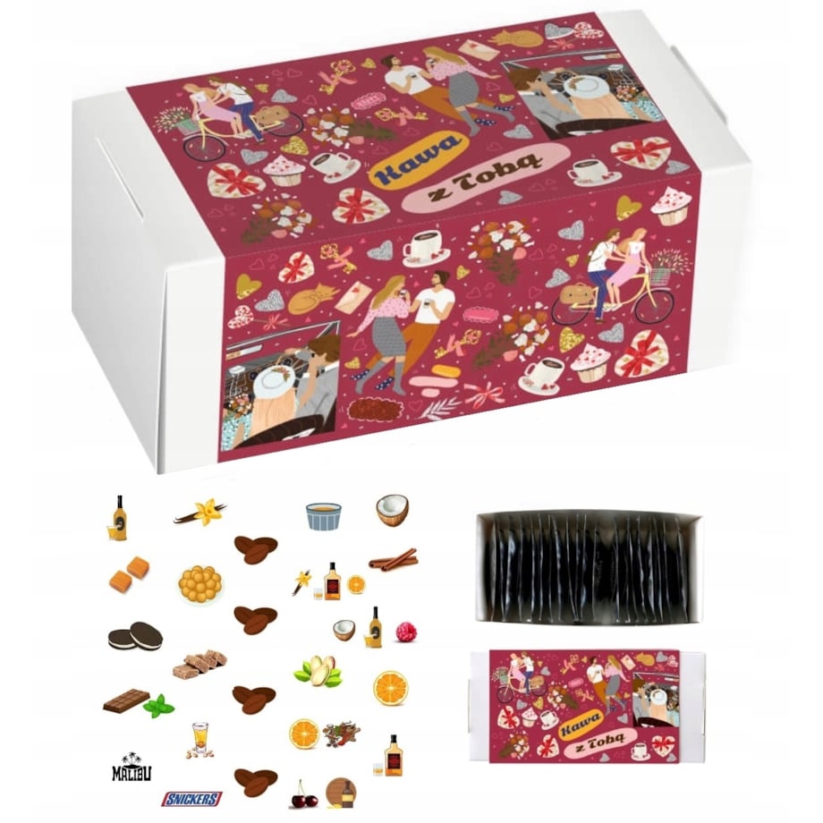 Zestaw prezentowy upominkowy "KAWA Z TOBĄ" - 20 smaków kaw deserowych premium - prezent upominek na walentynki dla chłopaka dziewczyny niej niego żony męża kobiety faceta mężczyzny