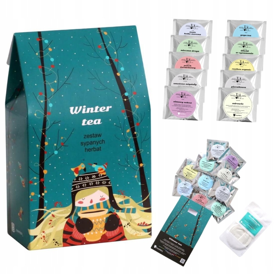ZESTAW PREZENTOWY MIX 10 RÓŻNYCH ZIMOWYCH HERBAT SYPANYCH LIŚCIASTYCH W SASZETKACH + ZAPARZACZ BAWEŁNIANY - BOX PREMIUM IDEALNY NA PREZENT UPOMINEK