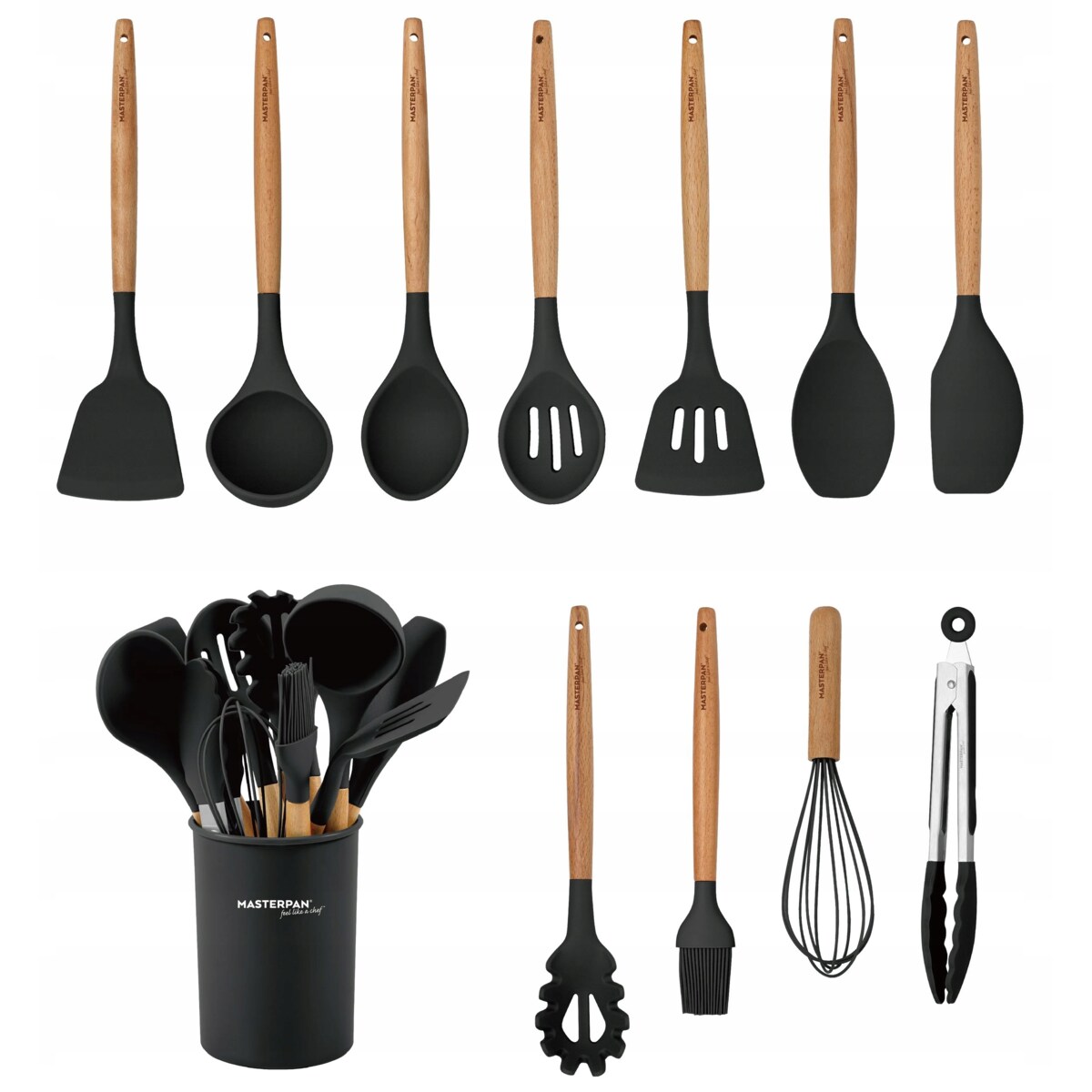 Zestaw Przyborów Kuchennych 12 El. Komplet Łyżka Trzepaczka Szczypce Stojak BPA Free