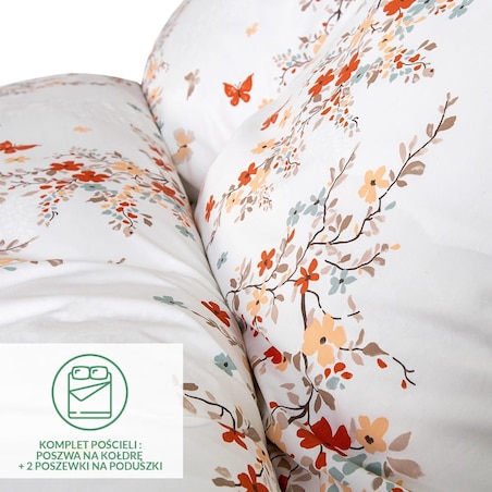 Pościel satyna bawełniana 160x200 Exclusive Ela biała w pomarańczowe kwiatki