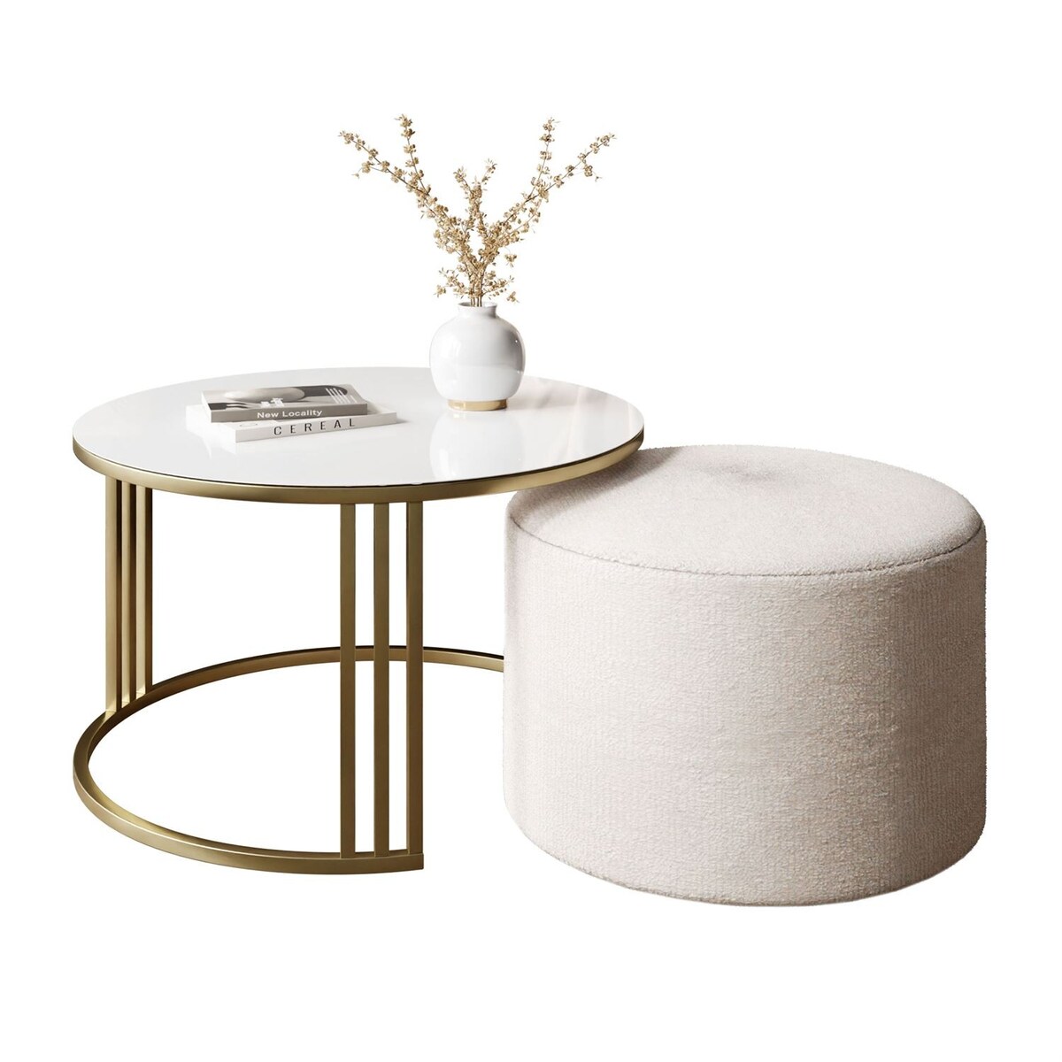 Stolik kawowy z pufą LORI GLASS złoto szczotkowane, białe szkło / Perfect Harmony 01