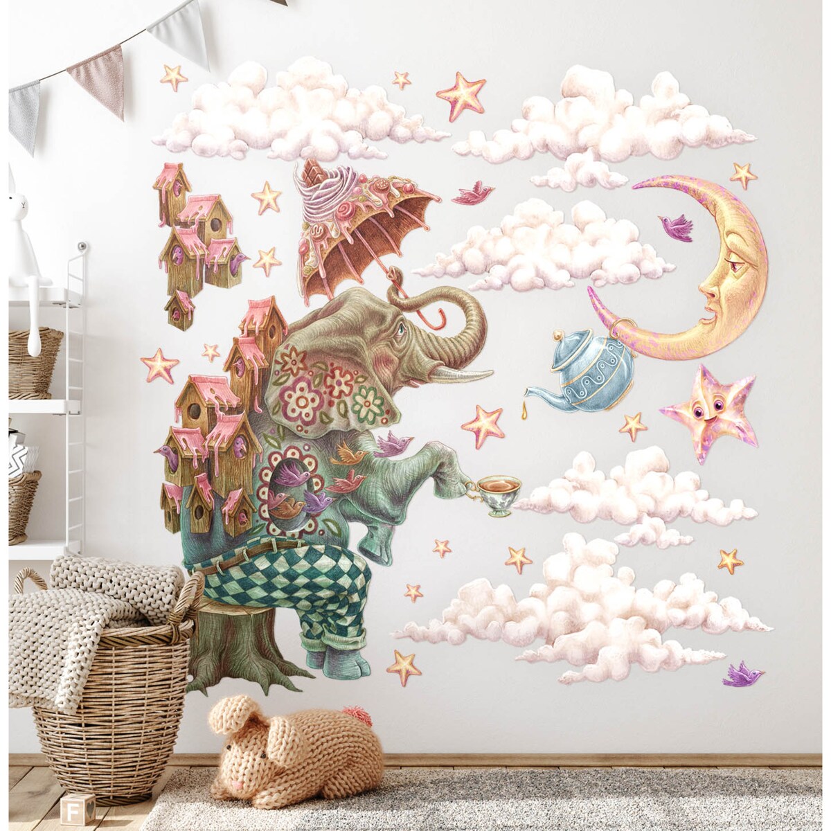 Zestaw naklejek na ścianę, Pastelowe zwierzęta z bajki - słoń, 80cm