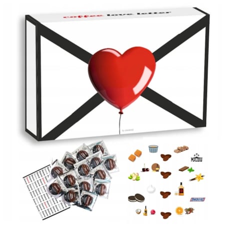 Zestaw prezentowy upominkowy "COFFEE LOVE MESSAGE" - 14 smaków kaw deserowych - prezent upominek na walentynki dla chłopaka dziewczyny niej niego żony męża kobiety faceta mężczyzny