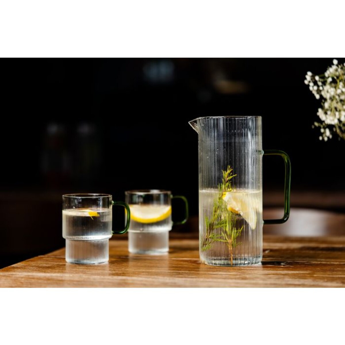 Dwie szklanki ryflowane z zielonym uchem 350ml Livio 1807