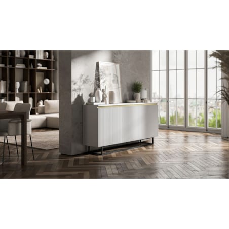 Komoda Glamour Szafka RTV Biały MAT ryflowane fronty czarny stelaż 166,8 cm