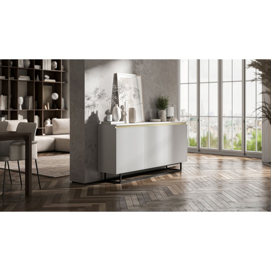 Komoda Glamour Szafka RTV Biały MAT ryflowane fronty czarny stelaż 166,8 cm