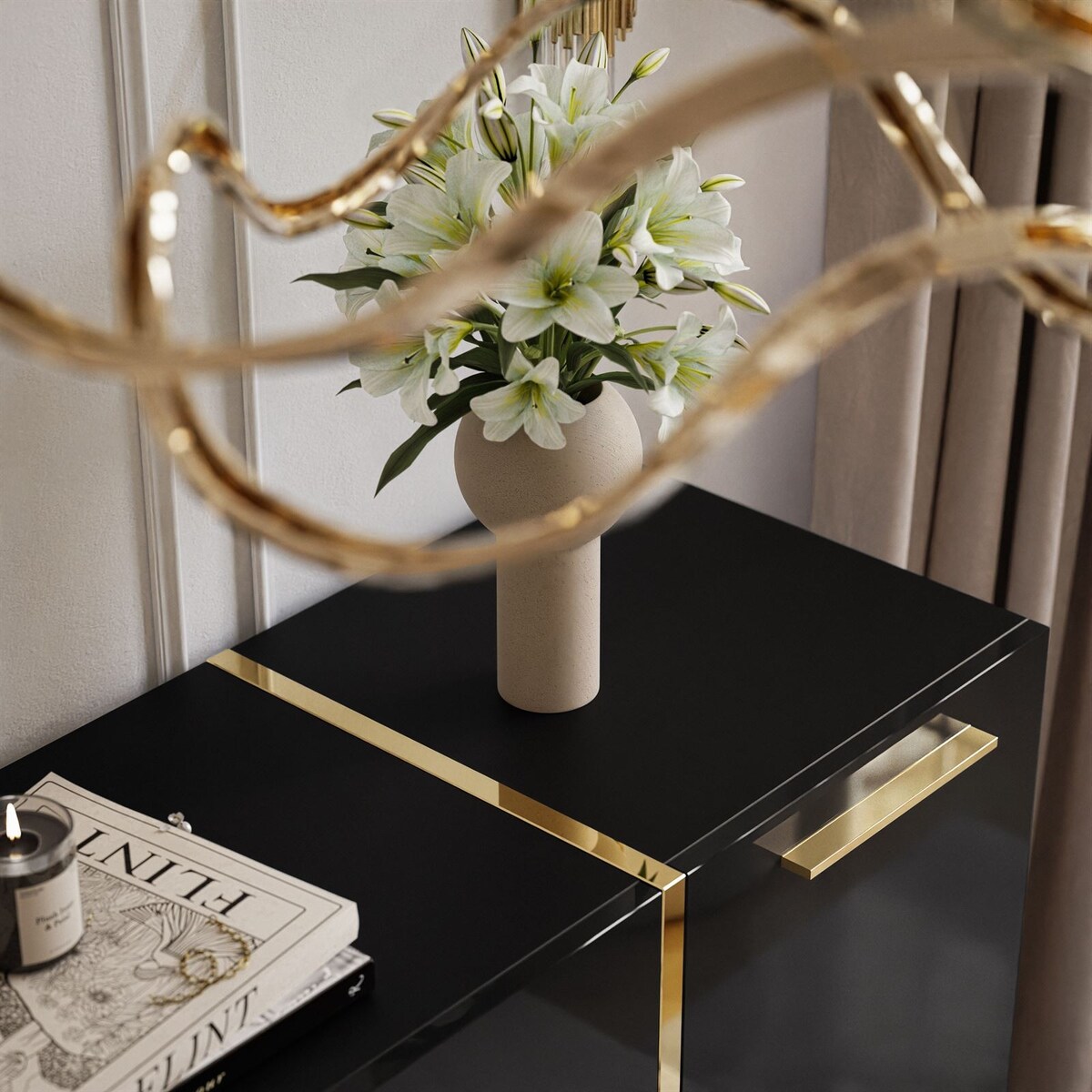 Komoda z szufladami ONYX na złotych nóżkach wysoki połysk 158 cm, czarna, uchwyty złote