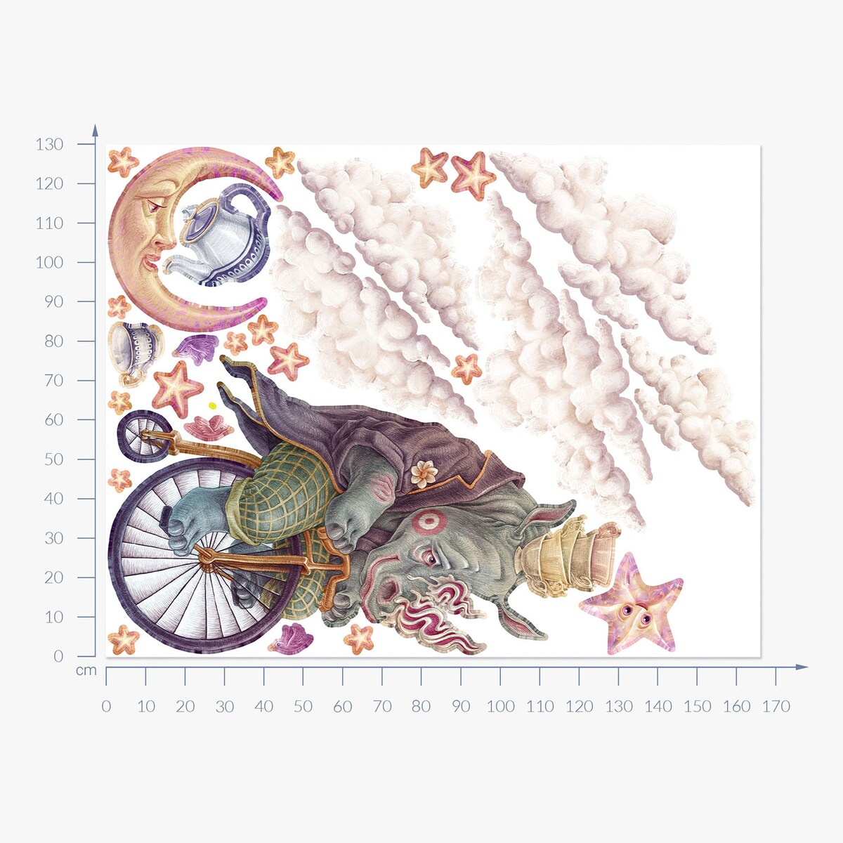 Zestaw naklejek na ścianę, Pastelowe zwierzęta z bajki - nosorożec, 130cm