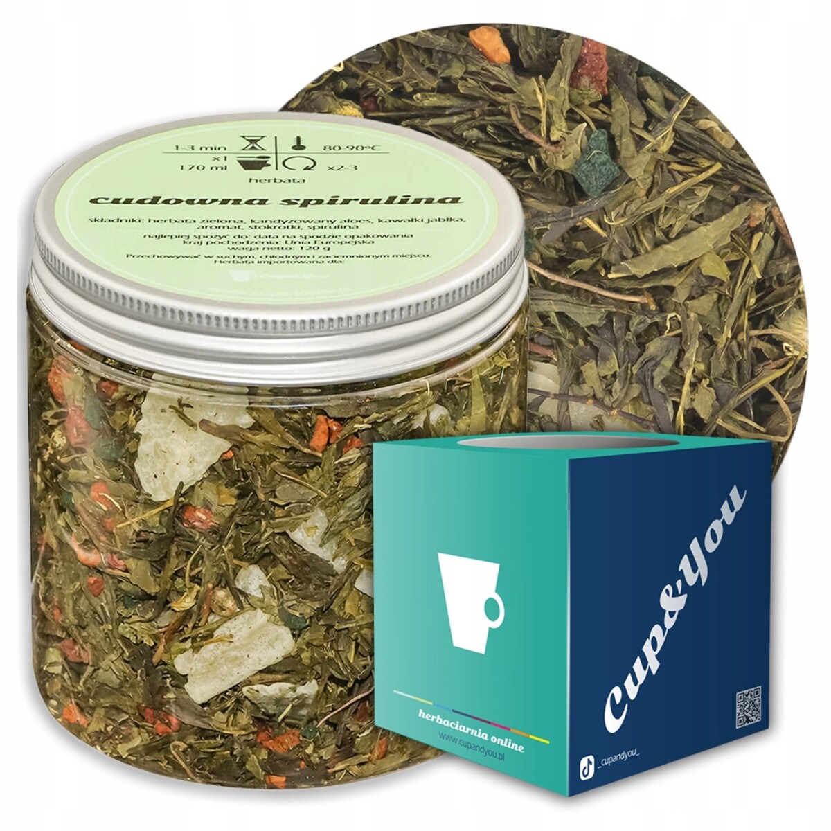 Herbata zielona CUDOWNA SPIRULINA o smaku słodkiego aloesu PREMIUM Cup&You - herbata liściasta sypana mieszanka napar susz - gotowa na prezent upominek
