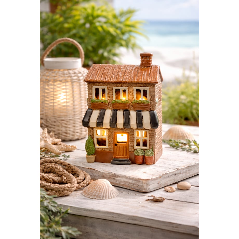 Ceramiczny domek na tea-lighty 20,5x13,5x8 cm DOMETTO brązowy z biało-czarną markizą