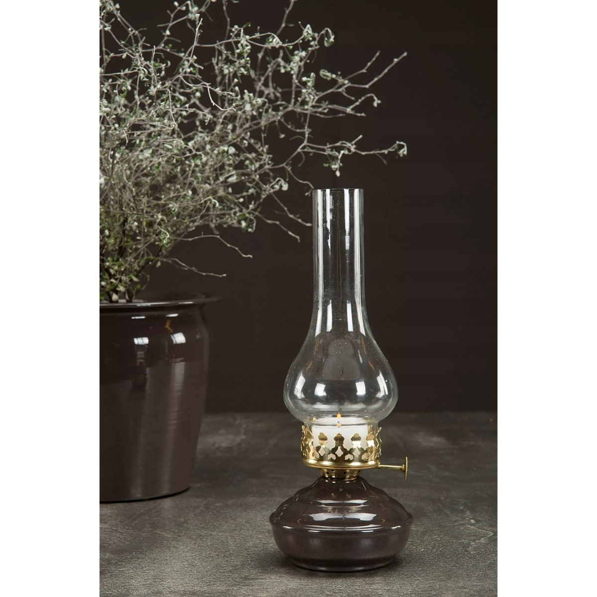 ŚWIECZNIK TEALIGHT LOFT BRĄZOWY imitacja lampy naftowej metal szkło 27cm