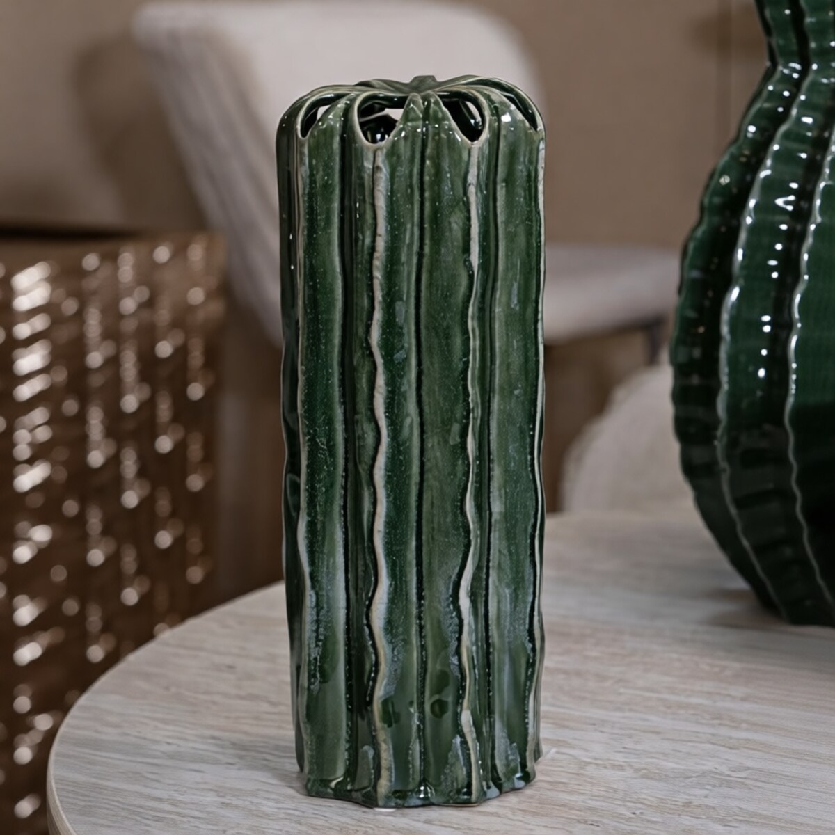 Osłonka dekoracyjna Cactus, kolor zielony, ceramika, 12 x 12 x 31,5 cm, motyw: kaktus, styl nowoczesny, na doniczkę do salonu, Mauro Ferretti