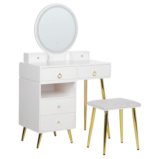 Toaletka 6 szuflad lustro LED ze stołkiem biało-złota YVES