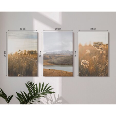 Zestaw 3 małych obrazów na płótnie - Krajobrazy łąki góry jezioro - brązowy