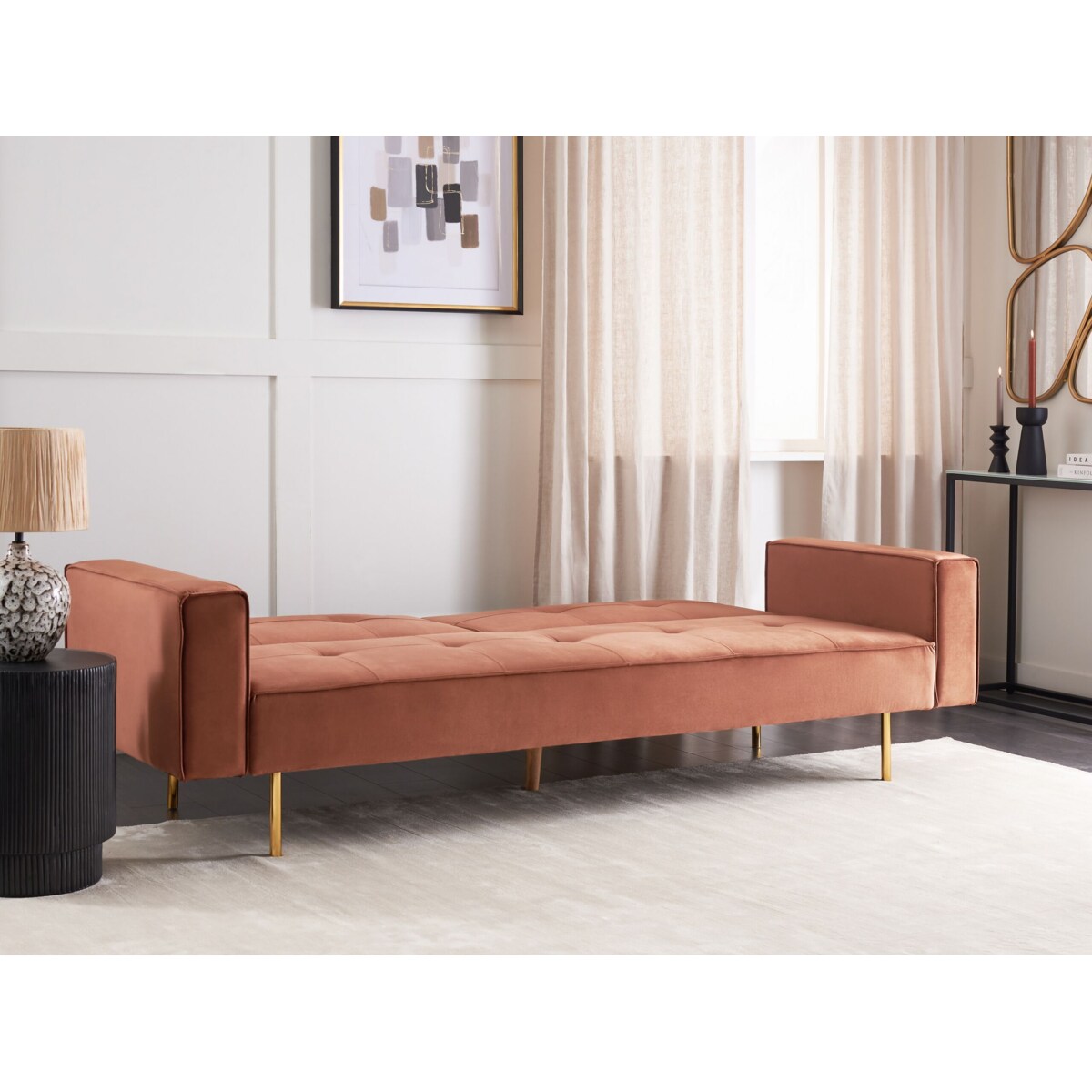 Sofa rozkładana welurowa złoty brąz VISNES