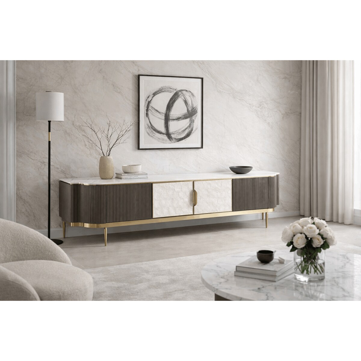 Grafitowa szafka RTV glamour z muszlami i spiekiem Champion 200x42x52