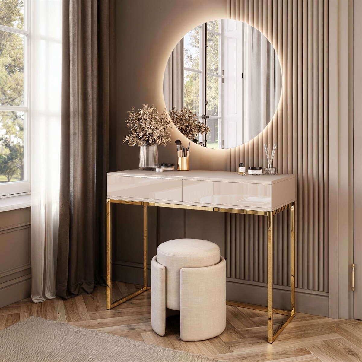 Toaletka BLANCO GLAMOUR KASZMIR na złotym chromowanym stelażu z lustrem LED, push-to-open