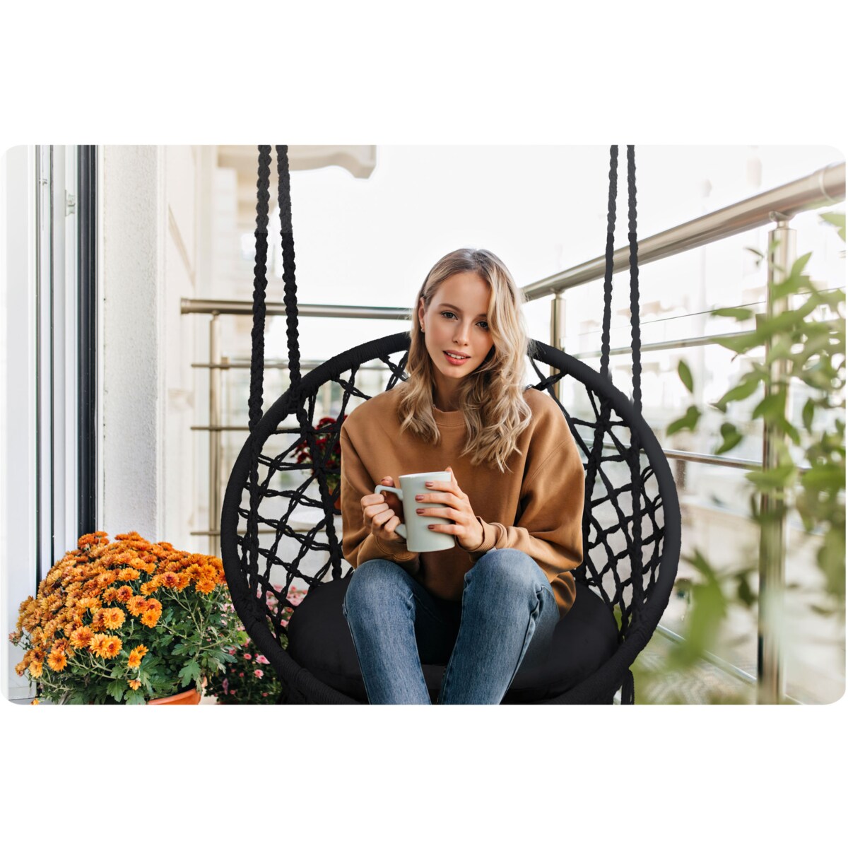 Huśtawka bocianie gniazdo ogrodowa z poduszką fotel wiszący boho Sofotel czarna