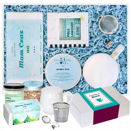 Elegancki BOX prezentowy zestaw herbat smakowych kubek z zaparzaczem YOGA