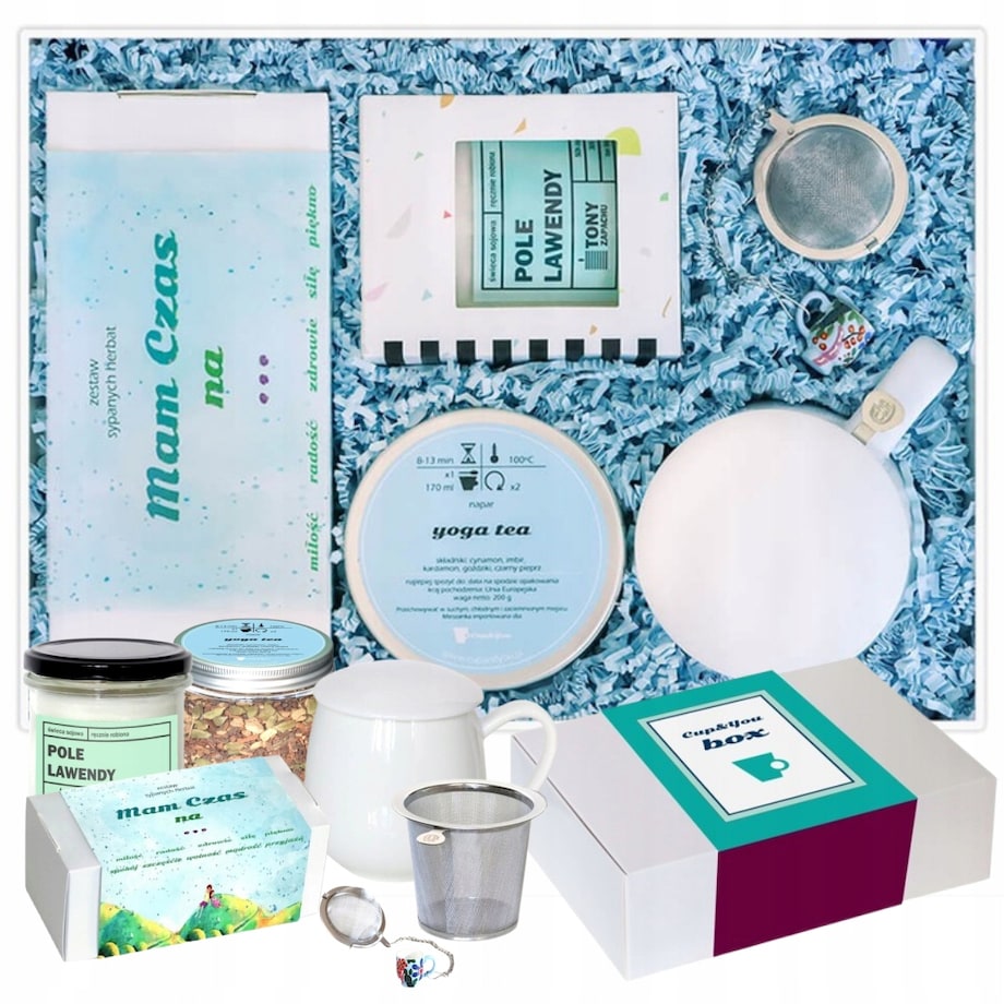 Elegancki BOX prezentowy zestaw herbat smakowych kubek z zaparzaczem YOGA