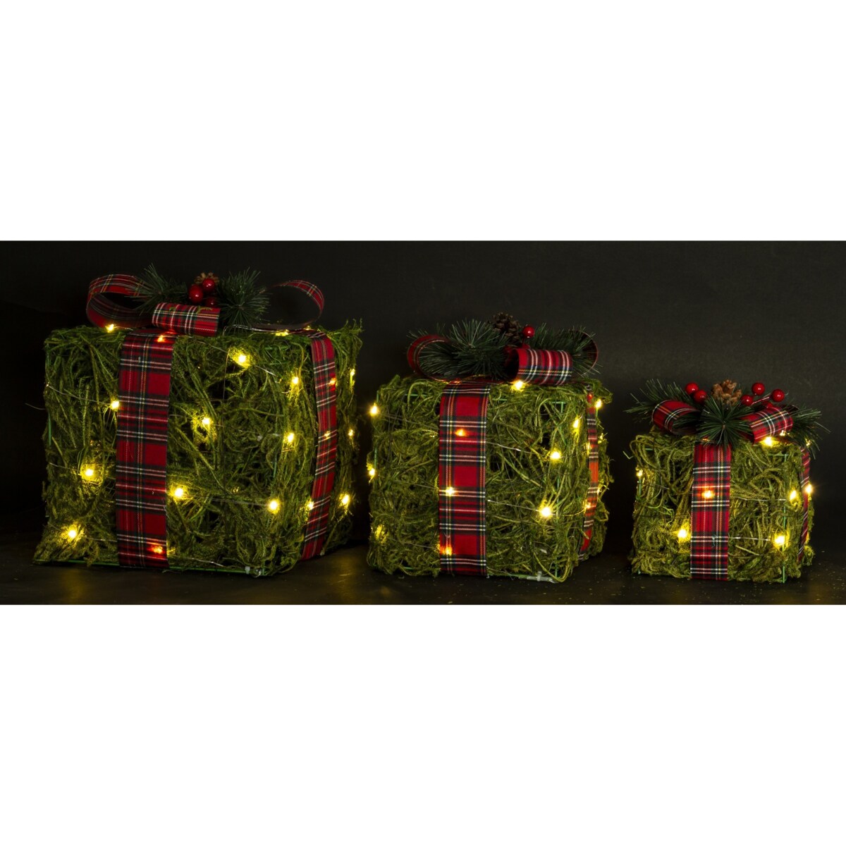 Dekoracja LED - 3 szt. 30x27, 25x22, 12x16 cm pudełek z czerwoną kraciastą wstążką