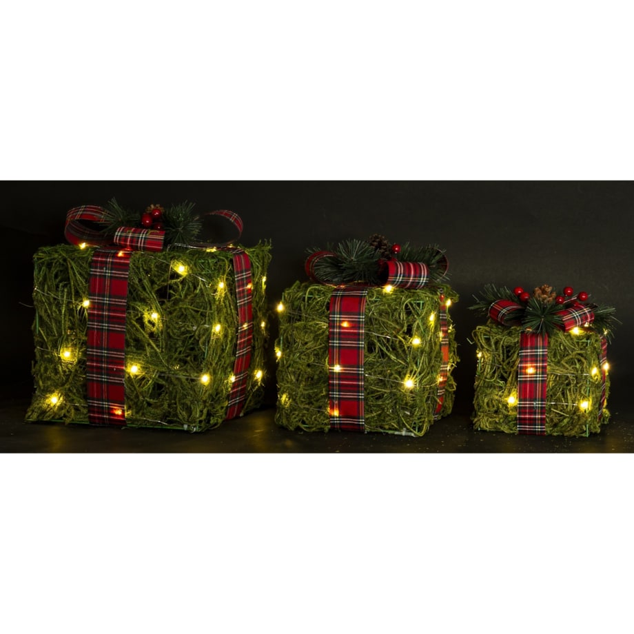 Dekoracja LED - 3 szt. 30x27, 25x22, 12x16 cm pudełek z czerwoną kraciastą wstążką