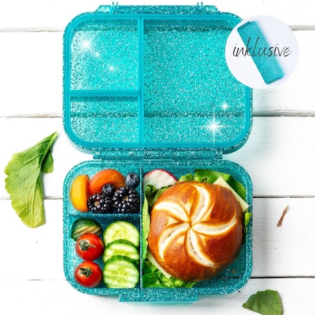 LEKKABOX GLAMOUR mały brokatowy lunchbox z przegródkami, Aqua