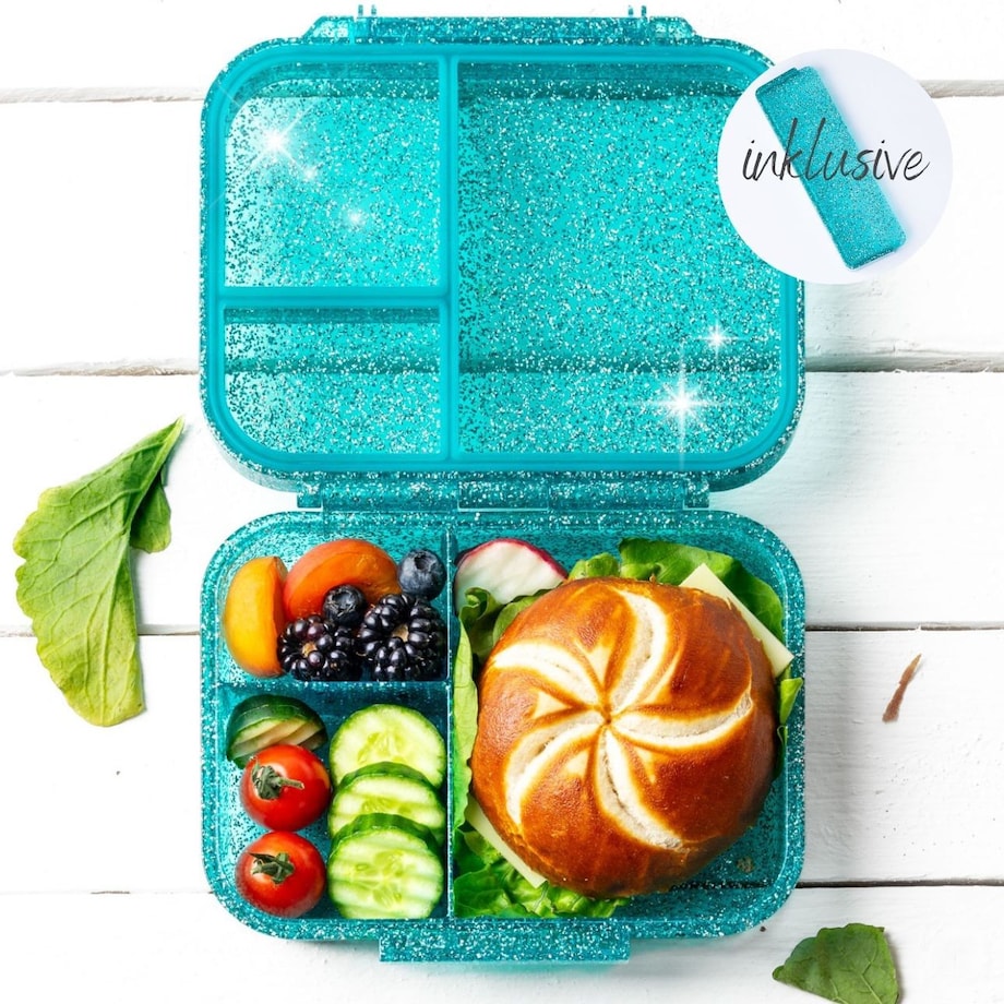 LEKKABOX GLAMOUR mały brokatowy lunchbox z przegródkami, Aqua