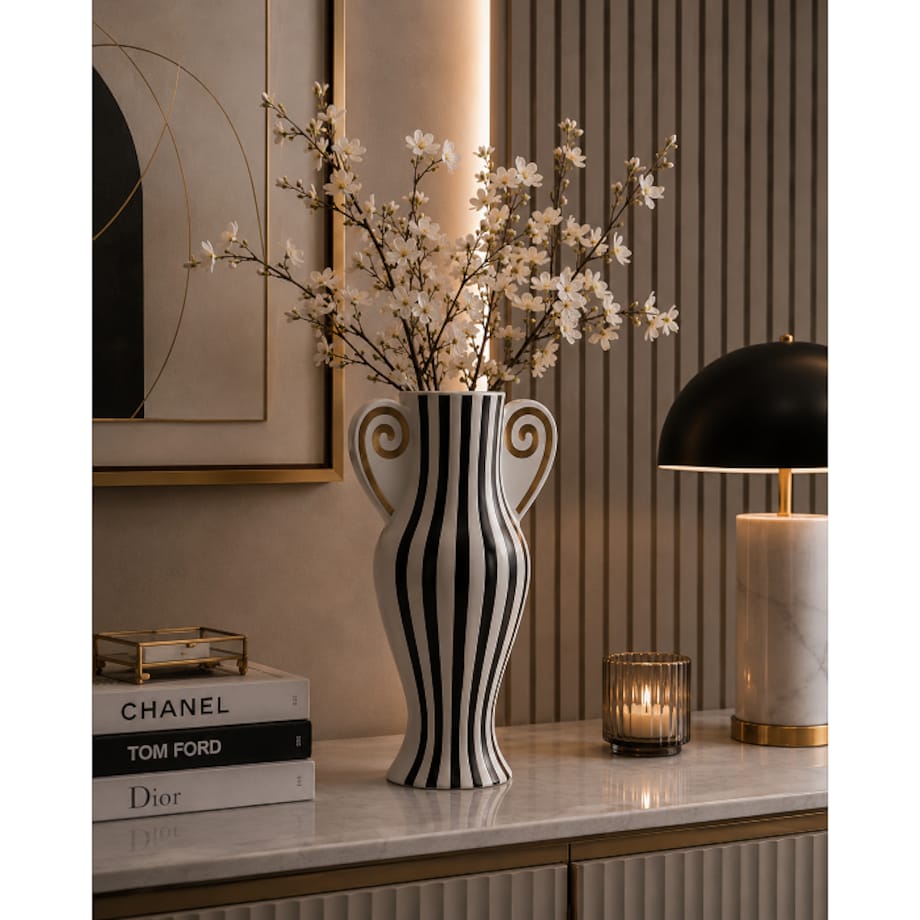 Wazon ceramiczny w paski biało-czarne 36,5x23,5x9,5 cm KALI-2 slim