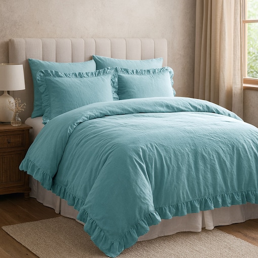 Pościel bawełniana 160x200 z falbanką Stonewashed Exclusive, Mineral Blue