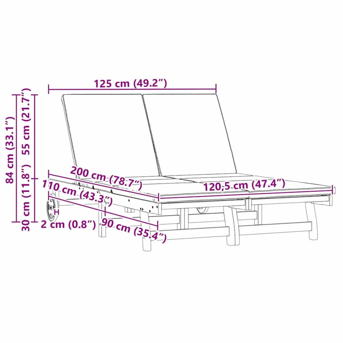 vidaXL Leżak z poduszką Brązowy 125 x 200 x 84cm Lite drewno akacjowe