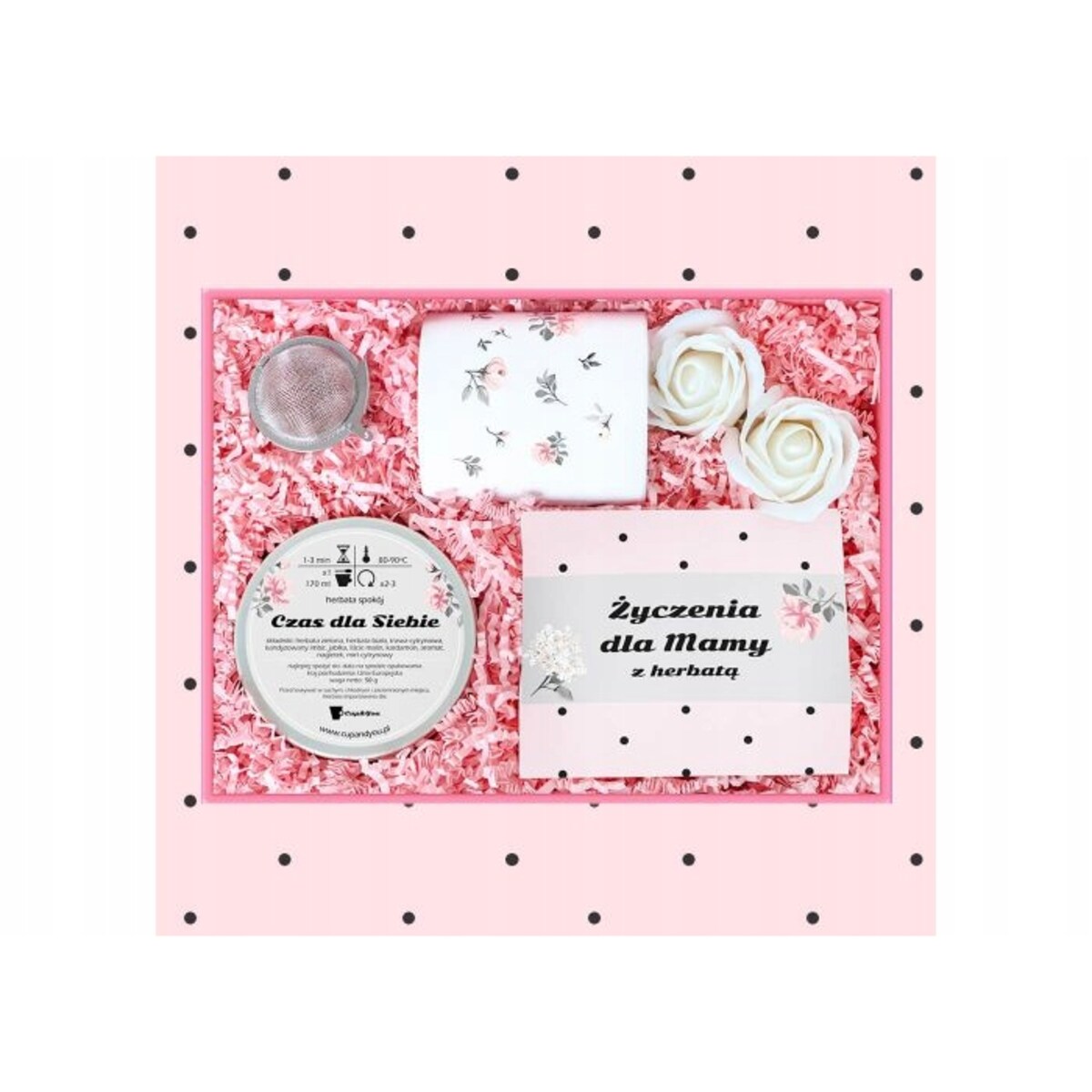 Zestaw prezentowy dla mamy z herbatą "Dziękuję, że jesteś". Box dla Mamy z herbatą, najlepszy pomysł na prezent upominek na Dzień Matki - zaparzacz, kubek, zestaw herbat, mydlane róże